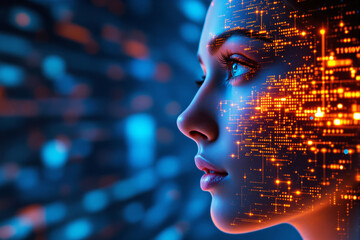 Poster - Futuristic female face with digital data visualization.