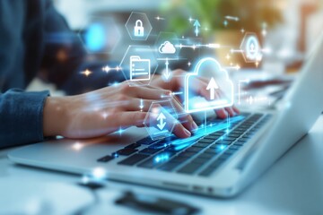 Aufkleber - Hands typing on a laptop with glowing cloud storage icons on a blurred light background. Concept of data storage and cloud computing.