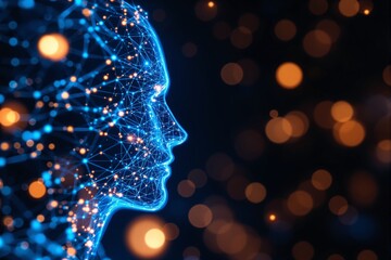 Aufkleber - Digital human face composed of glowing neural connections and network nodes on a dark background.