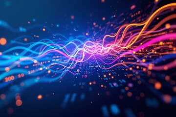 Poster - Abstract glowing data streams and binary code on a dark background.