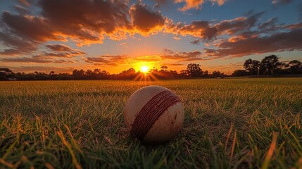 Wall Mural - Cricket ball resting on grass during sunset at a serene sports field