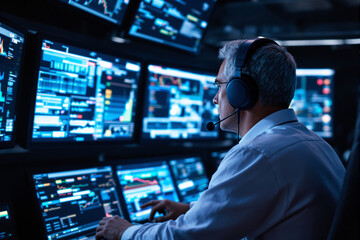 Aufkleber - Professional man monitoring multiple screens in a control room.