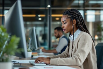 Poster - Focused professional woman working on a computer in a modern office environment.