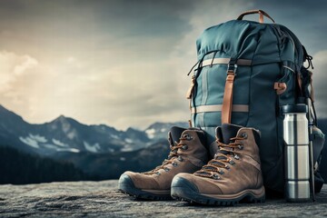 Poster - Explore nature with essential backpackers gear including a hiking backpack, water bottle, and sturdy boots in a scenic outdoor setting. Generative AI