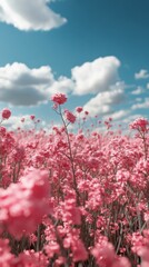 Wall Mural - vibrant pink flowers bloom under a bright blue sky with fluffy white clouds in a sunny field