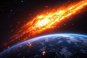 Poster - Fiery meteor entering Earth's atmosphere with a glowing trail against a starry space background.