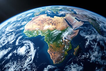 Poster - View of Earth from space showing Africa and surrounding oceans, with swirling clouds in the atmosphere under bright sunlight.