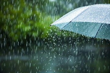 Poster - Umbrella in rain with green blurred background, water droplets visible, embodying natural calmness and protection concept.
