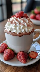 Sticker - Delicious hot chocolate topped with whipped cream and fresh strawberries in a decorative cup