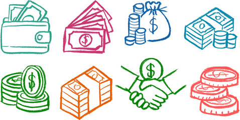 Wall Mural - Coins Money Related Icons Crayon Chalk Drawing Vector Set