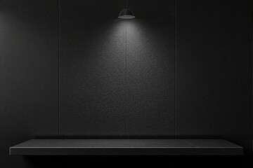 Poster - Minimal black shelf under spotlight on textured black wall background.