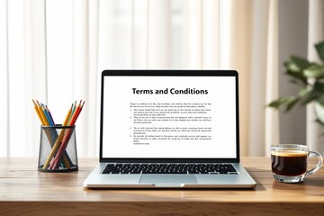 Poster - Laptop displaying terms and conditions document on wooden desk with colorful pencils and coffee cup, bright background.