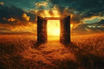 Wall Mural - A large open door in a field with a bright sun shining through it