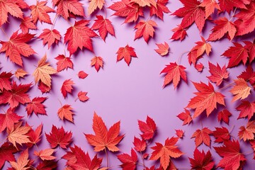 Poster - Vibrant red autumn leaves scattered on a purple background.