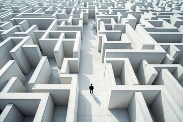 Poster - Aerial view of a person walking in a large white maze under bright light on a clean background. Concept of challenge and decision-making.
