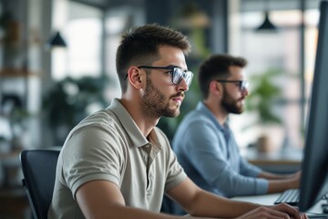 Aufkleber - Focused professionals working on computers in a modern office environment.