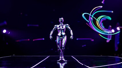 Poster - dancing robot performs dynamic routine with colorful light display in energetic environment
