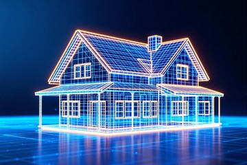 Poster - digital wireframe of a house illuminated with neon lights against a dark blue background.