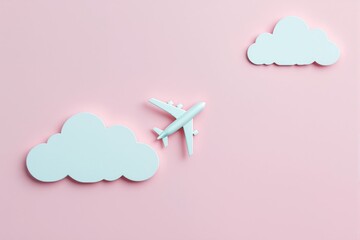 Poster - Airplane with clouds on pastel pink background.