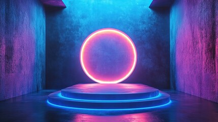 Poster - A futuristic 3D podium with a glowing circular design serves as a high-tech stage for a product display in a modern studio setting, HD image
