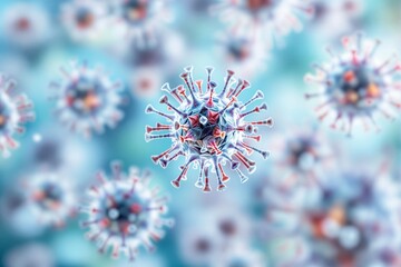 Aufkleber - Close-up visualization of a virus with spikes in a blue blurred background.