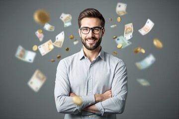 Poster - Smiling man with glasses and crossed arms, surrounded by floating euro bills and coins on a gray background.