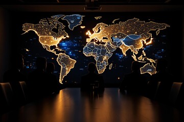Aufkleber - Illuminated world map with glowing outlines in a dark room viewed by silhouetted individuals.