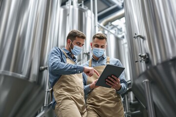 Aufkleber - Brewery workers wearing masks discussing production processes using a tablet in a stainless-steel equipment background.