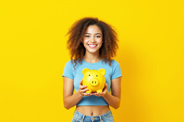 Poster - Smiling woman holding yellow piggy bank, standing against a vibrant yellow background.