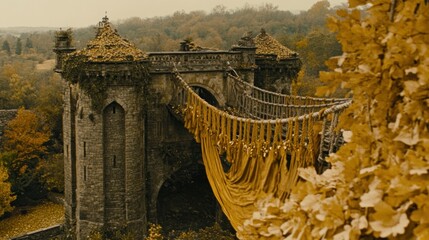 Wall Mural - Ancient stone bridge overgrown with vegetation and golden drapes, spanning a landscape of autumnal trees.