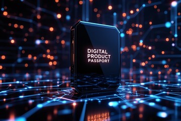 Poster - Digital product passport with glowing futuristic design on a cyber network background.