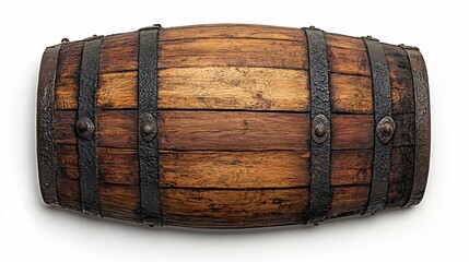 Rustic wooden barrel with metal bands displayed on a white background