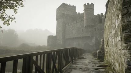 Wall Mural - Ancient stone castle in a foggy forest.  Pathway leads to the entrance.