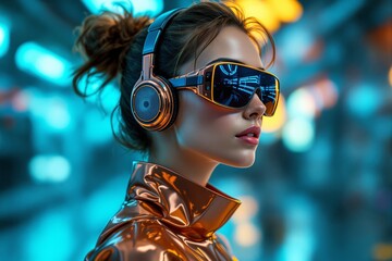 Poster - Futuristic woman wearing headphones and visor glasses in neon-lit background.