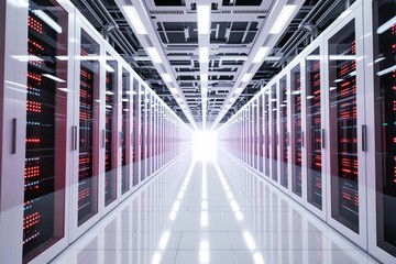Aufkleber - Bright data center corridor with glowing servers and white reflective floor.