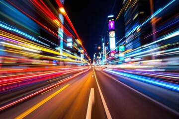 Poster - Abstract light streaks on urban street at night, vibrant colors, concept of speed.