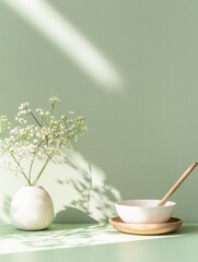Poster - Minimalist Still Life with Vase, Flowers, and Crockery on Soft Green Surface