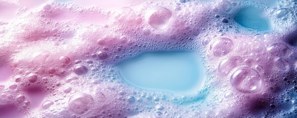 Pastel colored soap suds creating bubbles on liquid surface