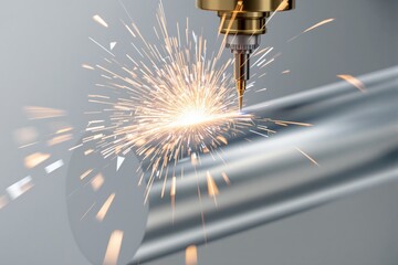 Aufkleber - Close-up of laser cutting metal with sparks on a smooth background, concept of industrial precision and modern technology.
