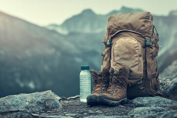 Aufkleber - Backpacker gear ready for an adventure in the mountains with boots, water bottle, and hiking backpack resting on rocky terrain. Generative AI