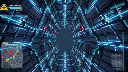 Leinwandbilder - Exploration of a futuristic corridor with glowing blue lights and digital displays