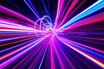 Poster - Abstract neon light trails creating a vibrant tunnel effect on a dark background.