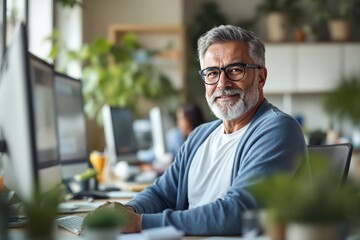 Poster - Mature professional in office, smiling confidently, modern workspace background.