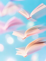 Aufkleber - Floating Open Books Amid Pastel Light Flares in Surreal Winter Scene