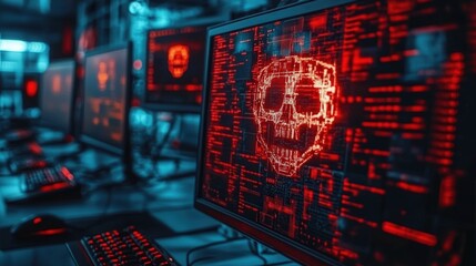 Poster - Red Skull Warning on Computer Screens in a Dark Room with Digital Glitches and Programming Code Elements