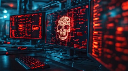 Poster - Computer Screens with Digital Warning Popup Featuring Skull and Red Code, Cybersecurity Alert for Malicious Activity