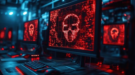 Poster - Red Computer Screens Displaying Cybersecurity Warning with Digital Skull Motif in Dark Tech Environment