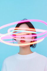 Aufkleber - Surreal Neon Pastel Gradient Over Asian Womans Face in Tech-Themed Portrait