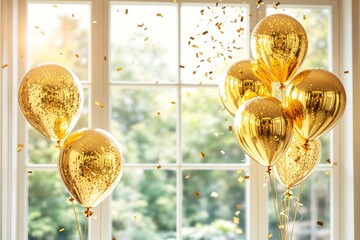 Aufkleber - Golden balloons with confetti near a bright window, celebrating a festive occasion.