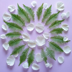 Poster - Ethereal Fern and Petal Arrangement on Pastel Lavender Background